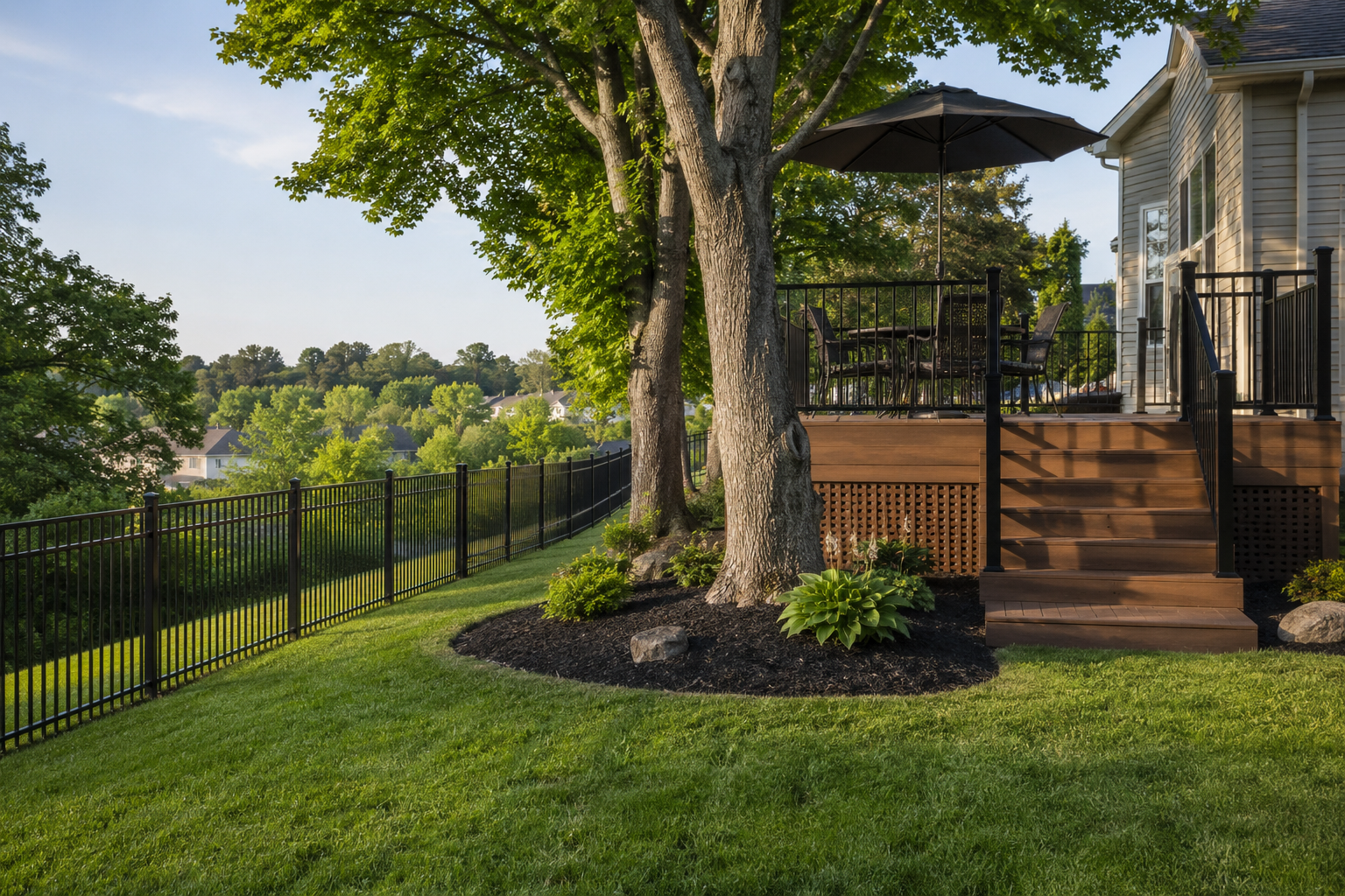 A finished black aluminum fence, composite deck, and landscaped backyard